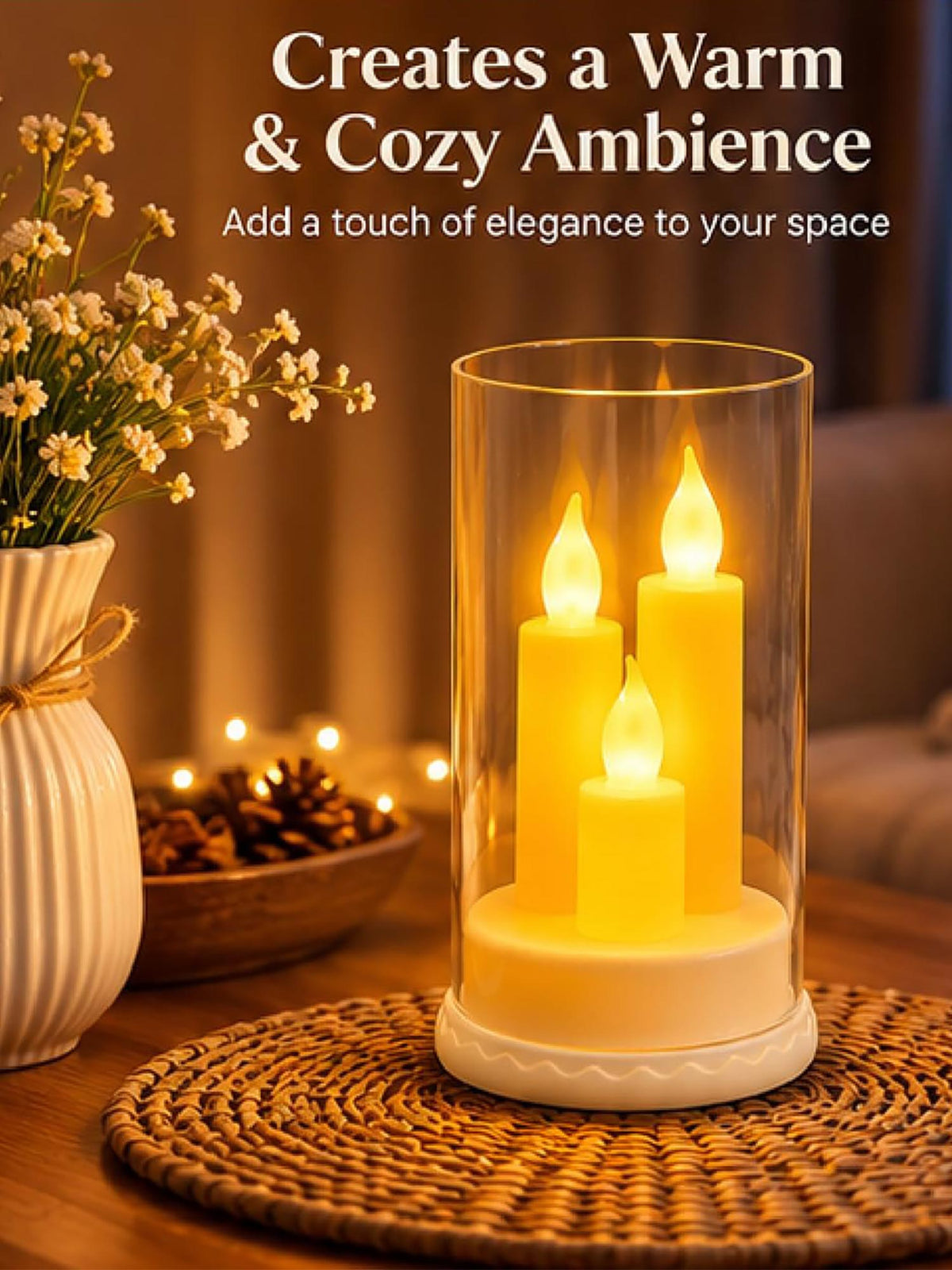 Flameless LED Candle Lamp with Glass Cover – Warm White Flickering Glow