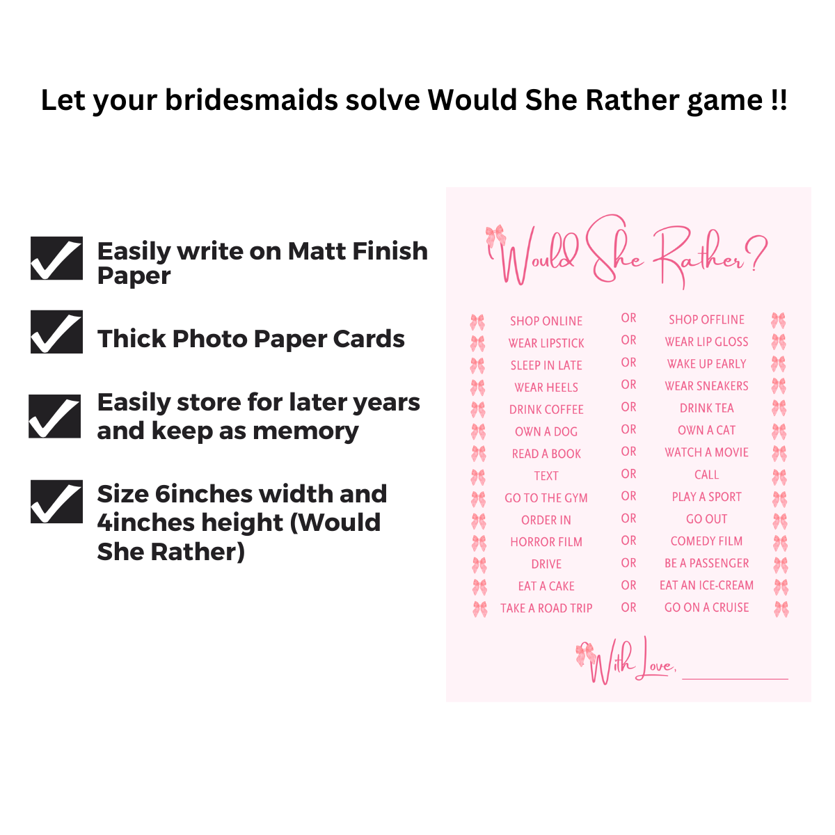 Would She Rather Cards (Bow Theme) - The Decor Cycle