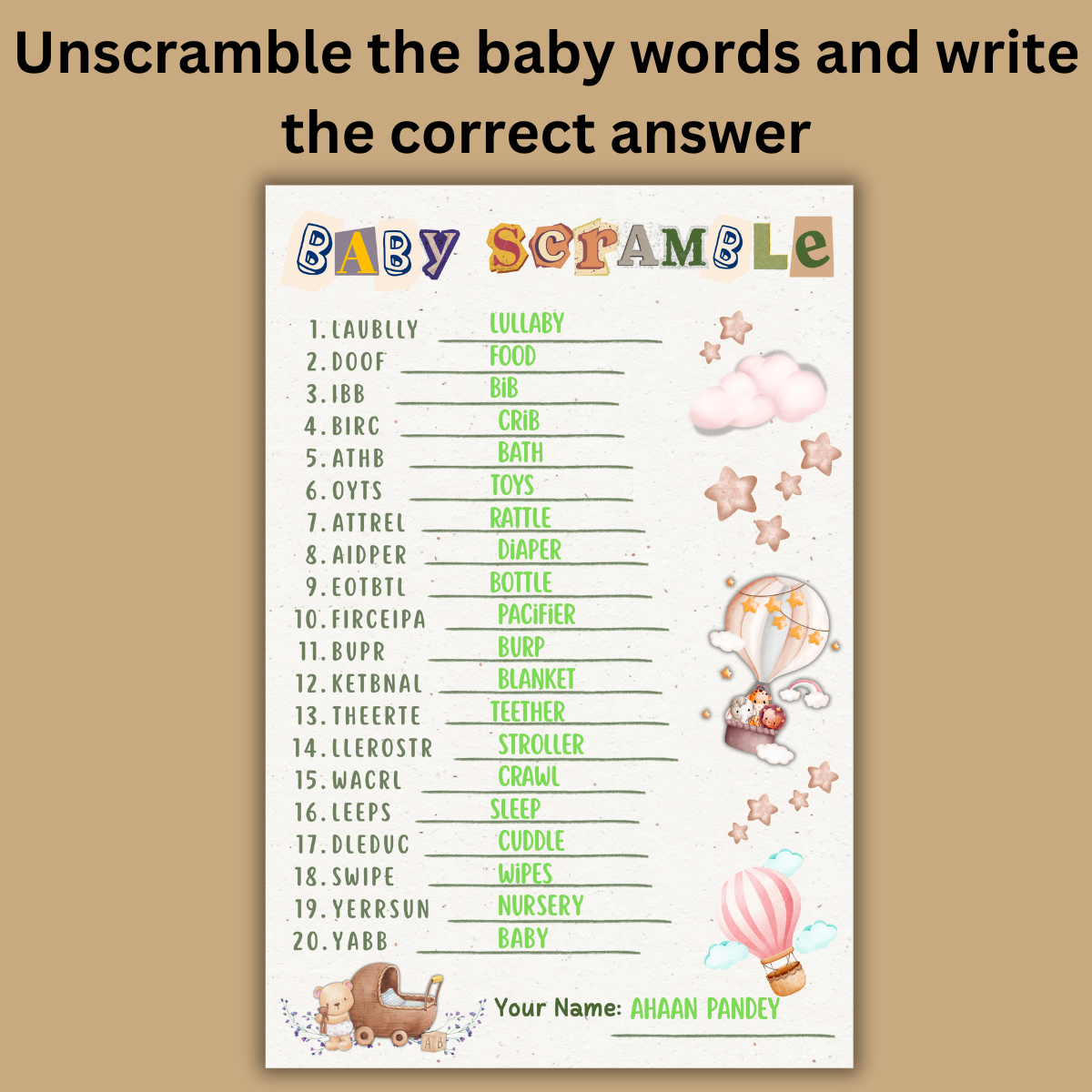 Baby Words Scramble - Boho Theme