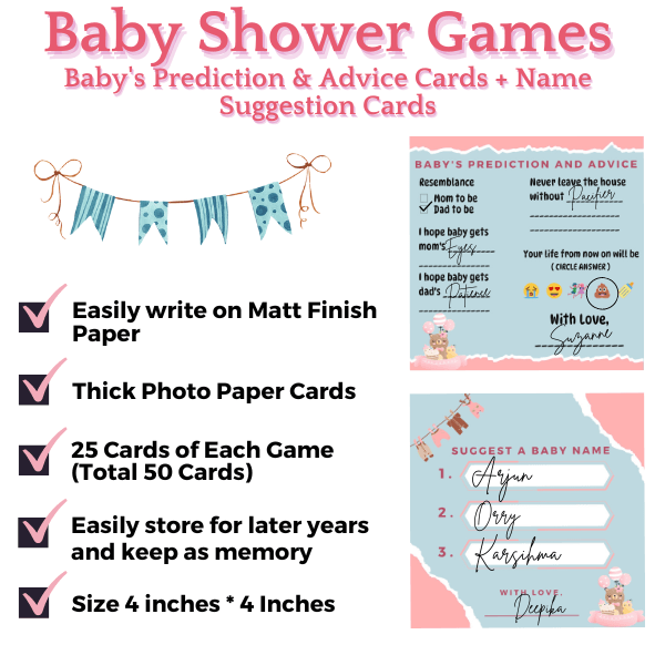 Baby Name Suggestions and Baby Advice And Prediction Cards, Blue and Pink Theme - The Decor Cycle