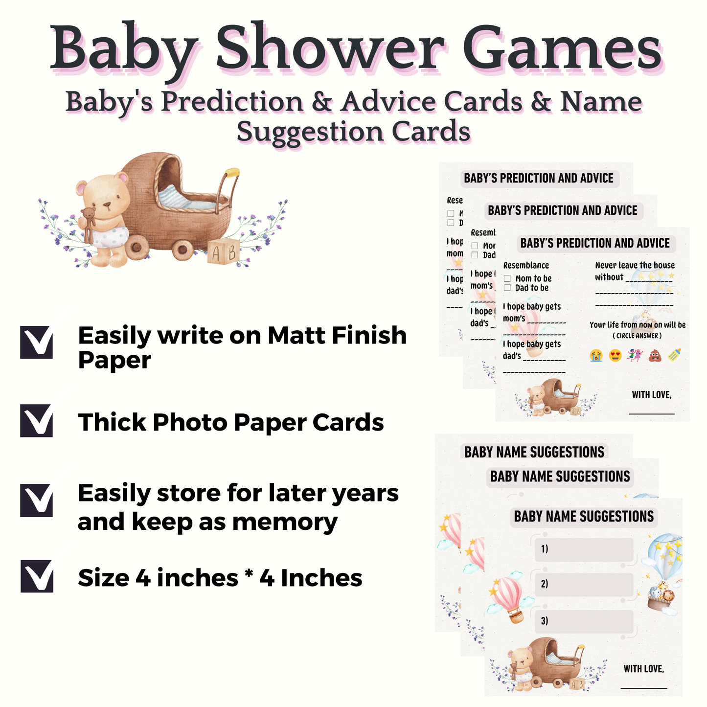 Baby Name Suggestion and Baby Advice And Prediction Cards, Teddy Bear Para Theme - The Decor Cycle