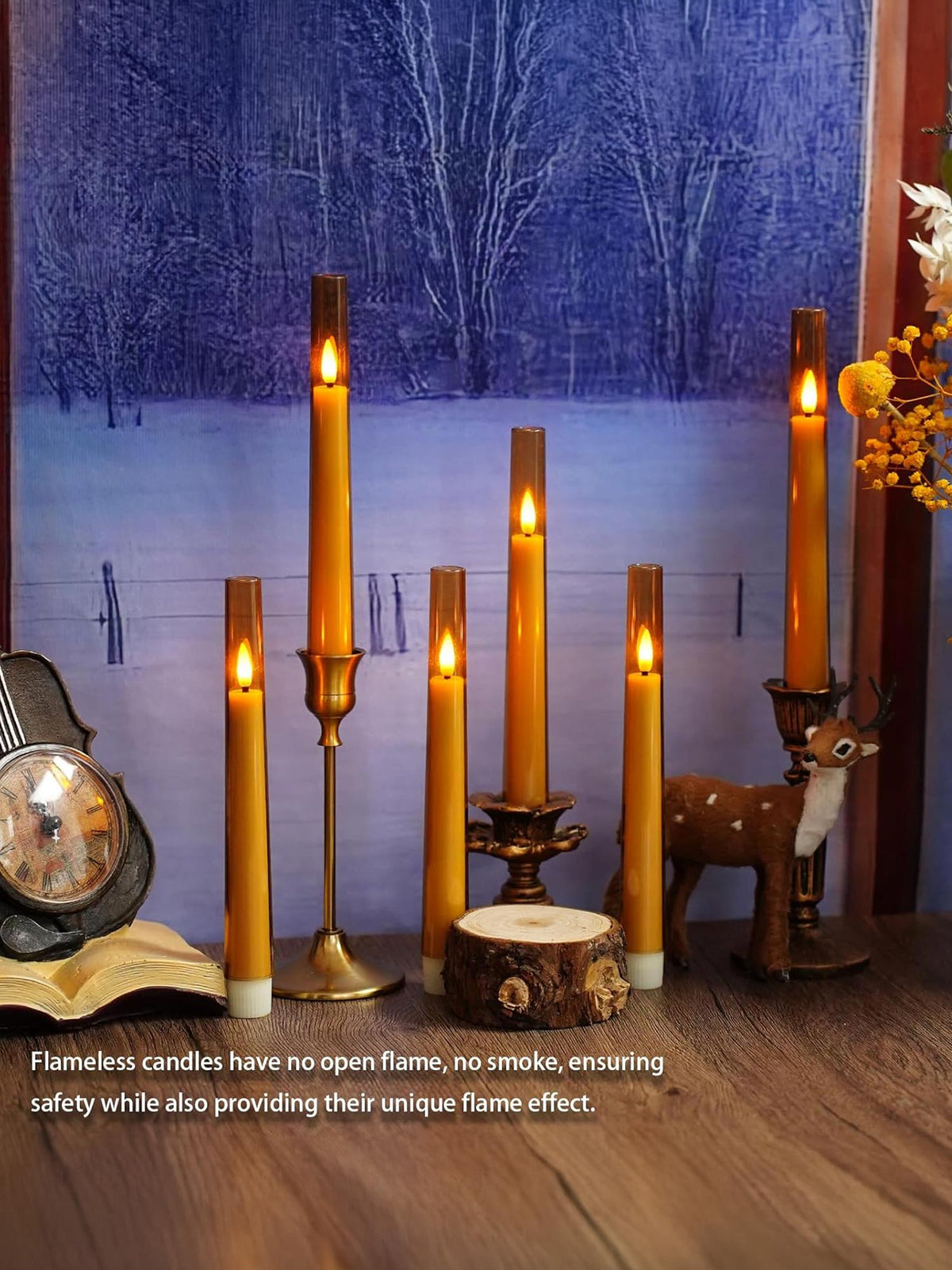 Flameless Gold Taper Candles with Remote & Timer – Battery LED Candles (Set of 6)