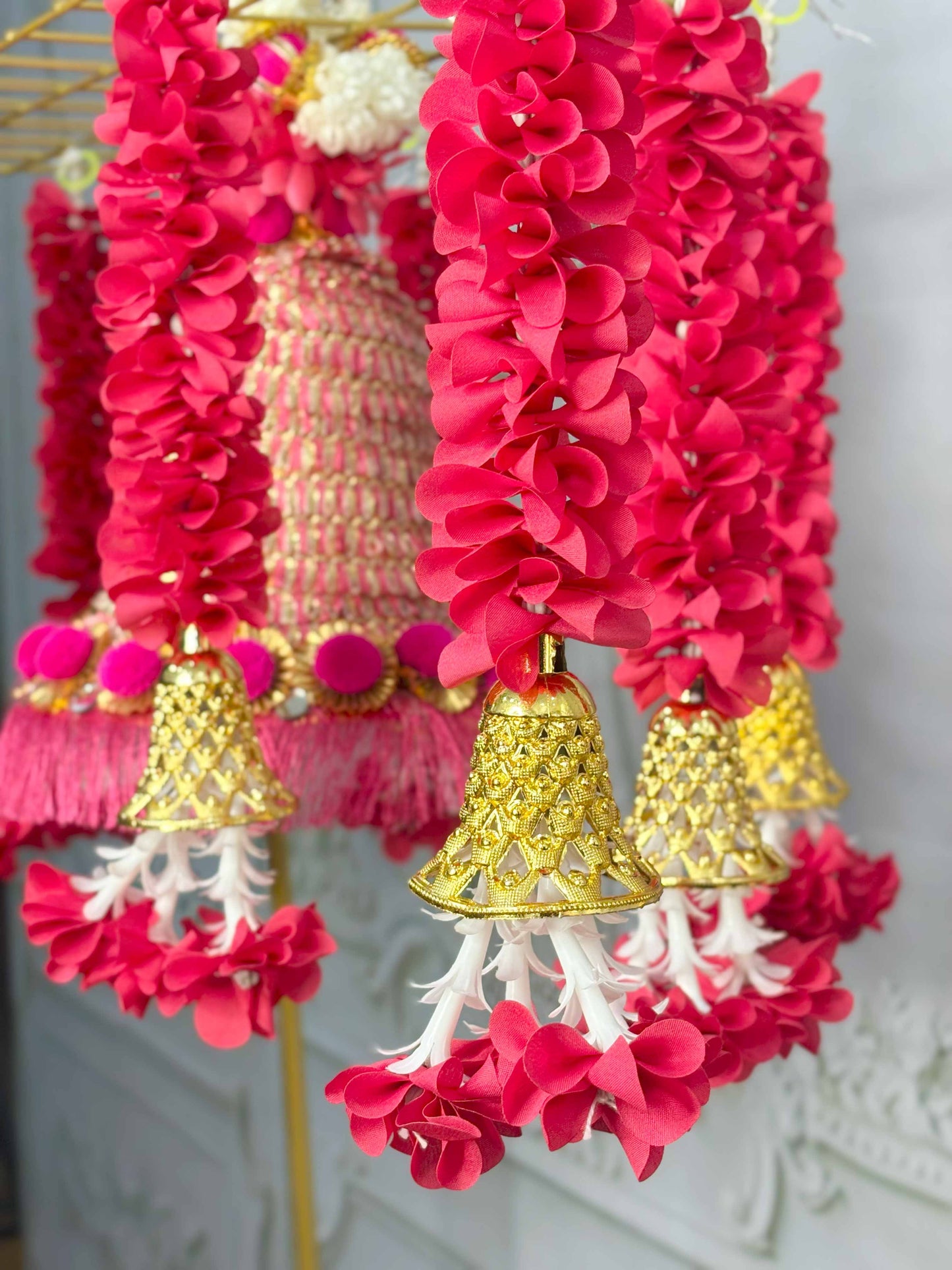 Pink Tassels and Bell Pooja Decor Set - The Decor Cycle