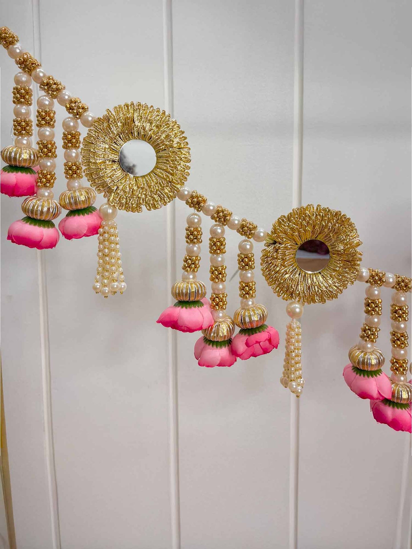 Pink Flower Mirror Toran with Hangings