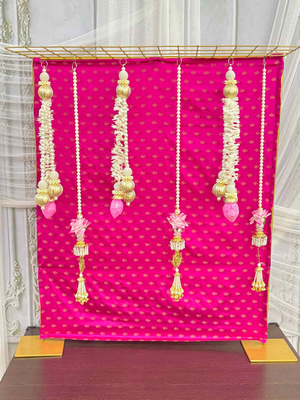Pink Brocade Cloth With Pearl Tassels