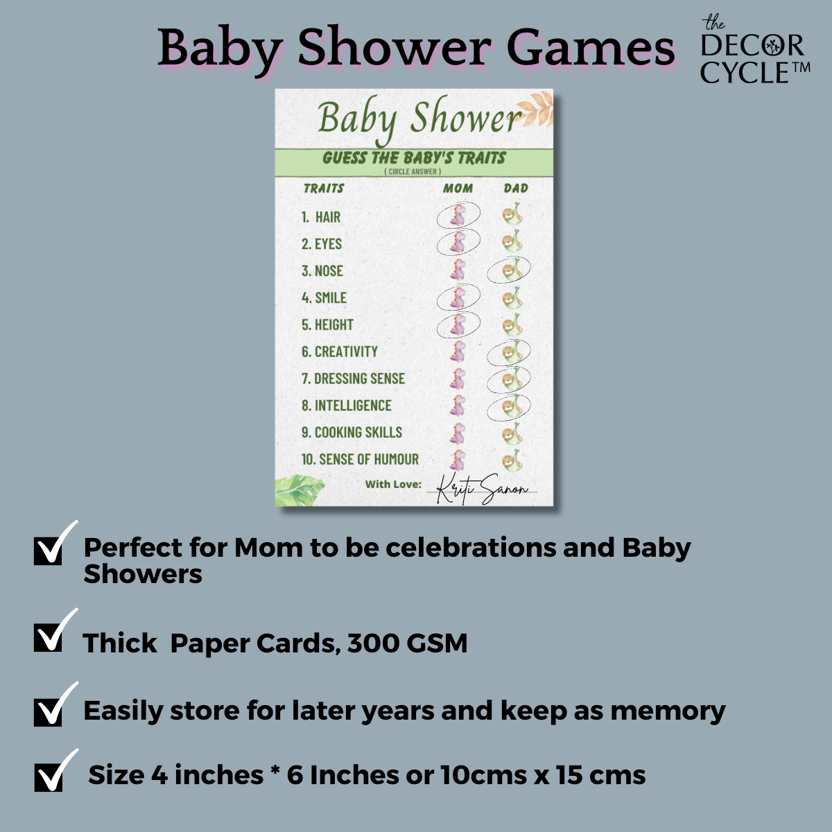 Safari Theme Baby Shower Guess the Traits Cards