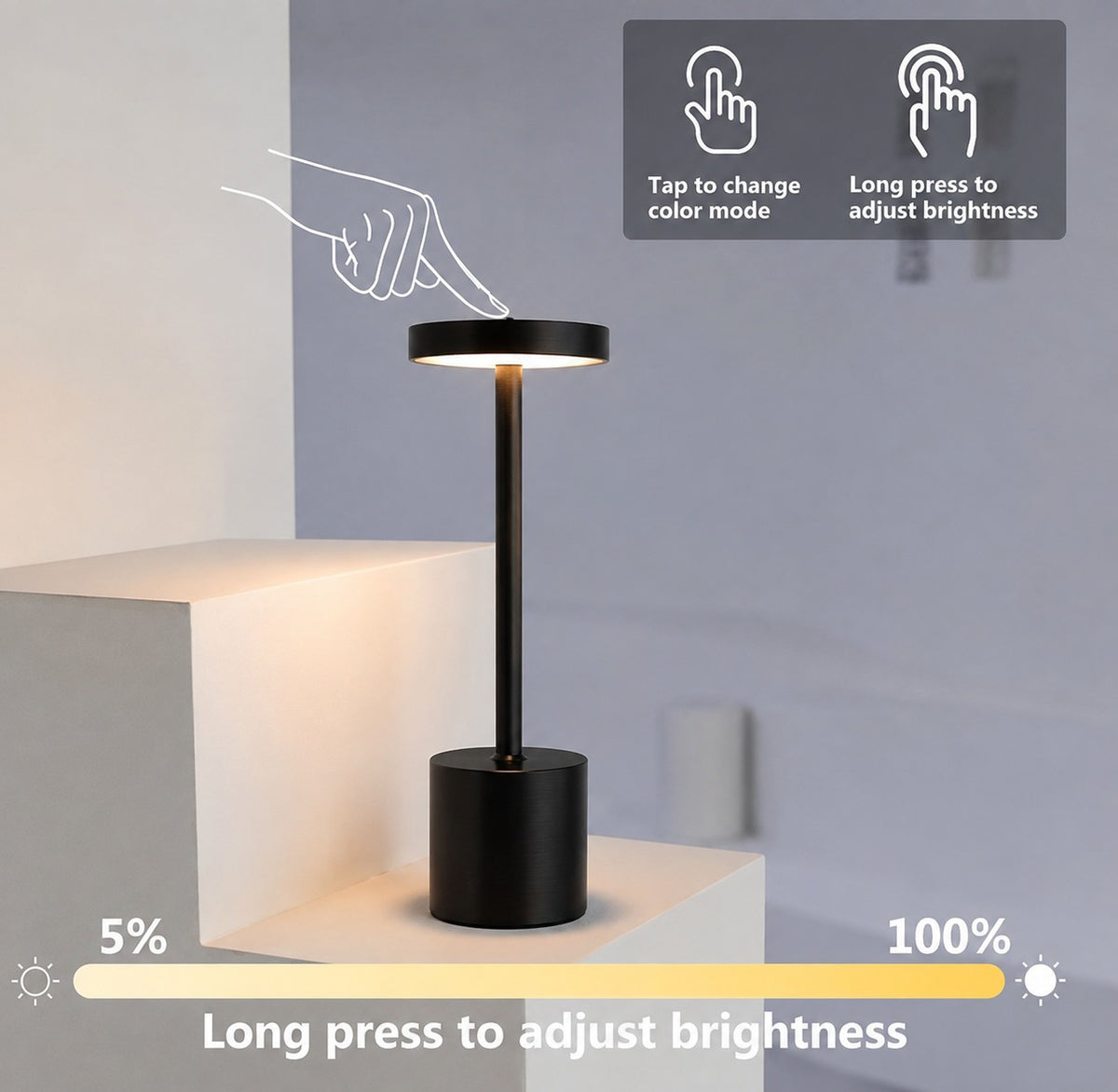 Cordless LED Table Lamp – Rechargeable Touch Lamp with Dimming & 3 Colour Modes (Pack of 1)
