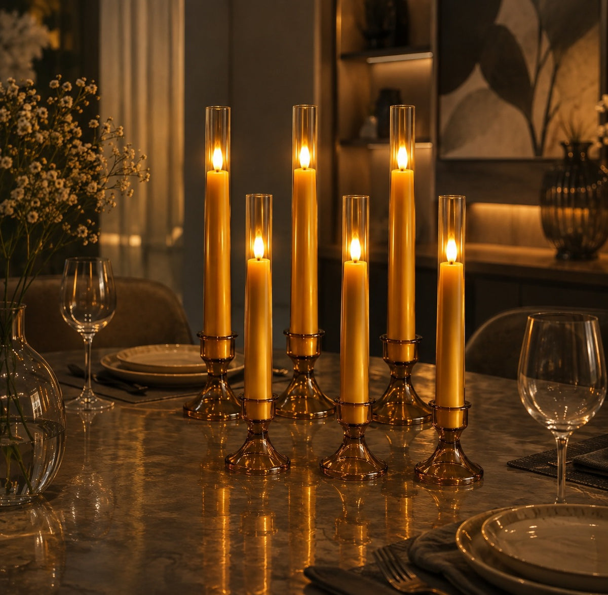 Flameless Gold Taper Candles with Remote & Timer – Battery LED Candles (Set of 6)