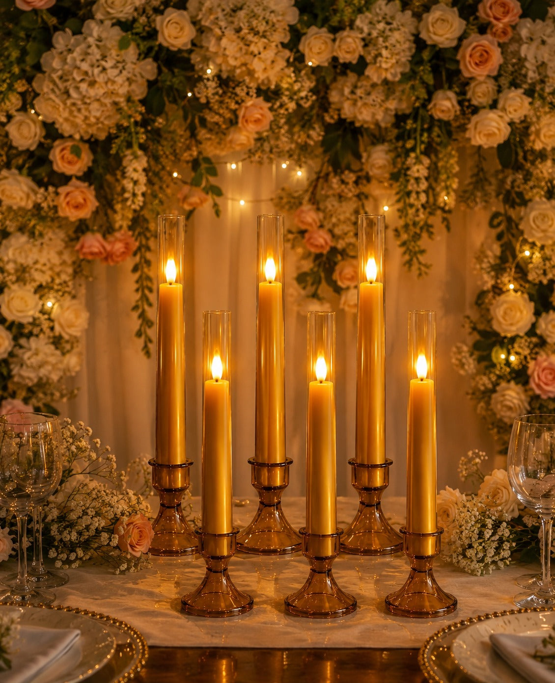Flameless Gold Taper Candles with Remote & Timer – Battery LED Candles (Set of 6)