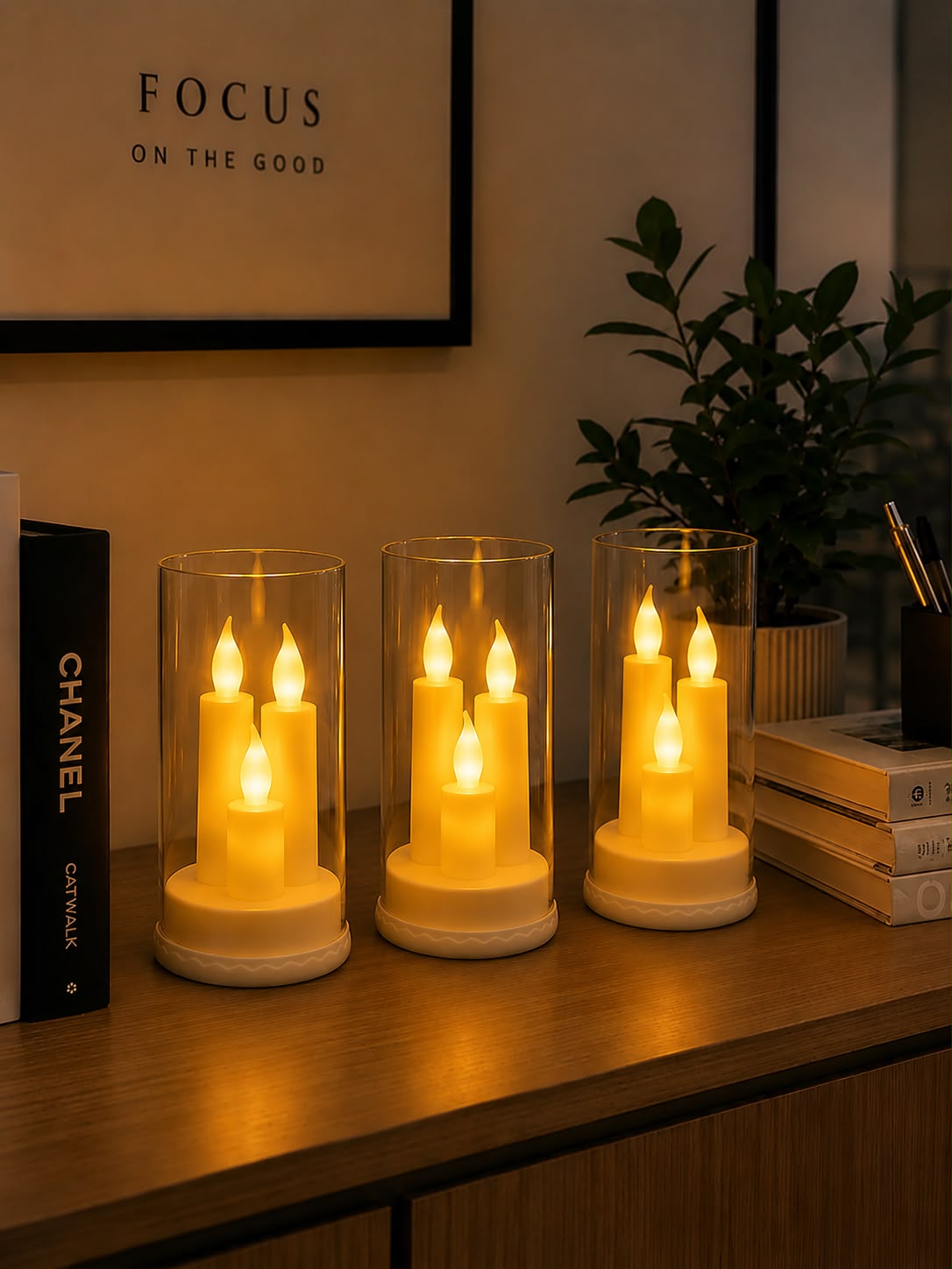 3 in 1 Flame LED Candle with Glass Cover