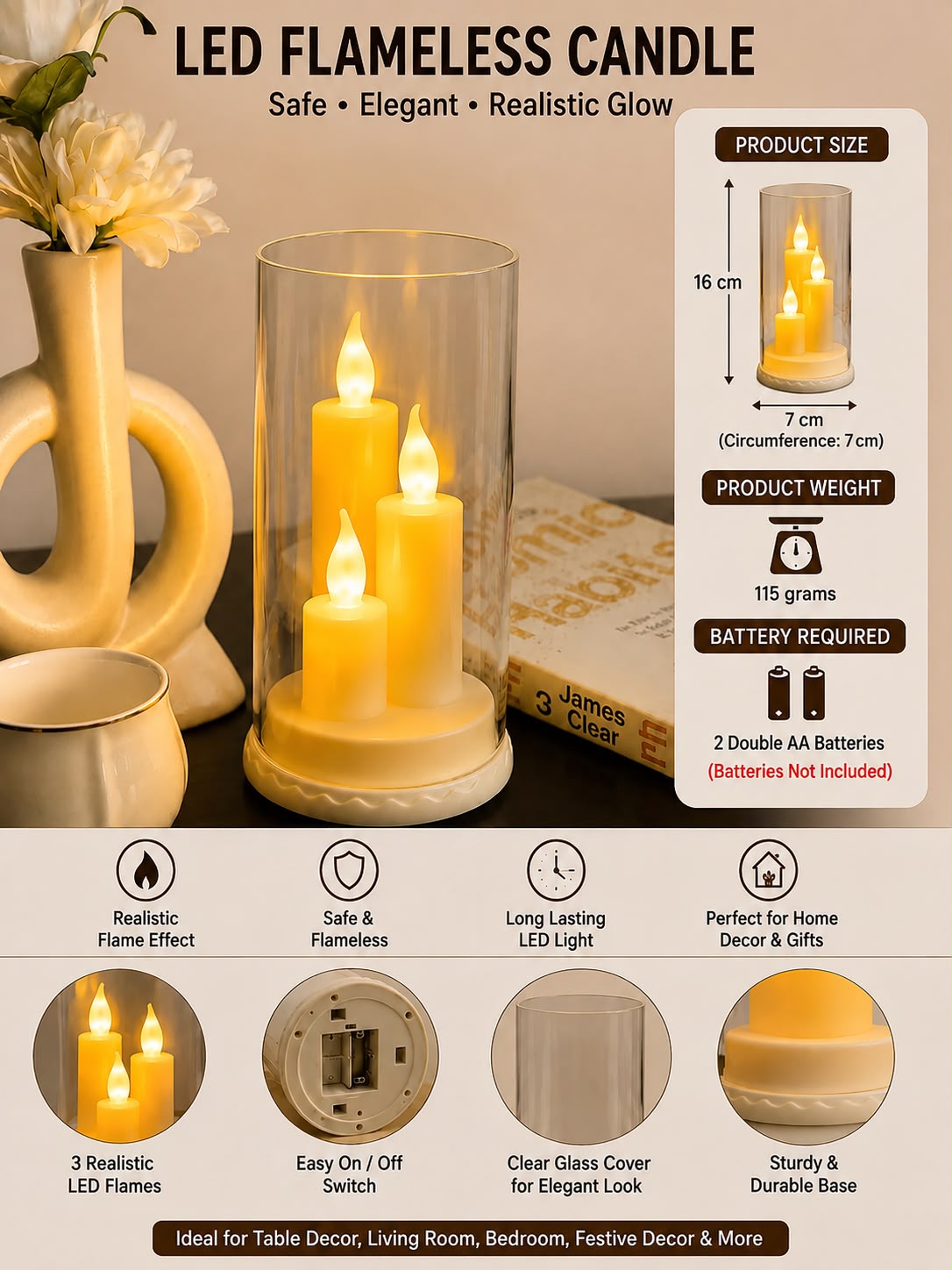 3 in 1 Flame LED Candle with Glass Cover