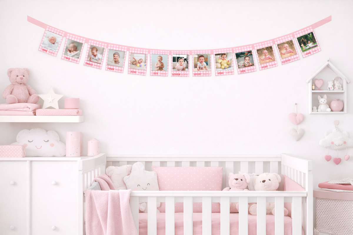 Baby First Birthday Photo Banner – Monthly Milestone Garland (0–12 Months)