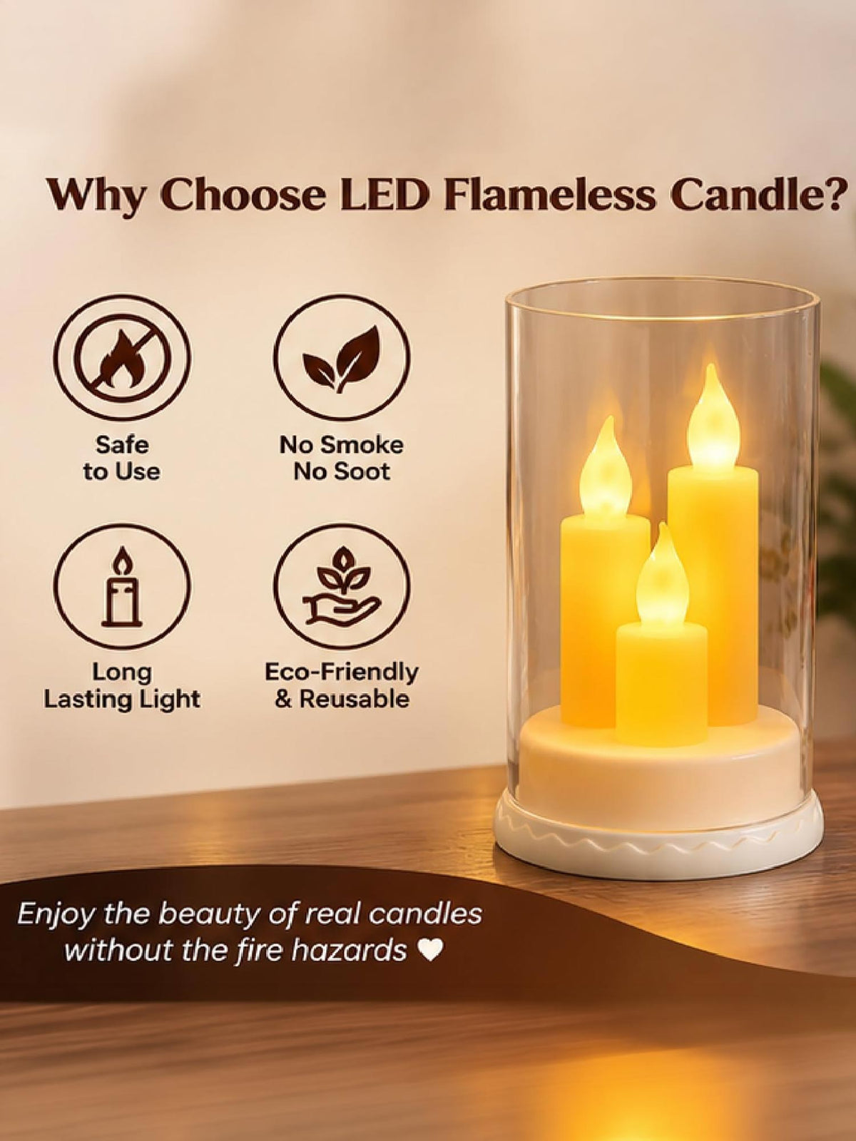 Flameless LED Candle Lamp with Glass Cover – Warm White Flickering Glow