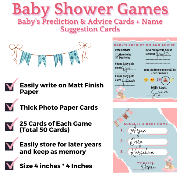 Baby Name Suggestions and Baby Advice And Prediction Cards, Blue and Pink Theme