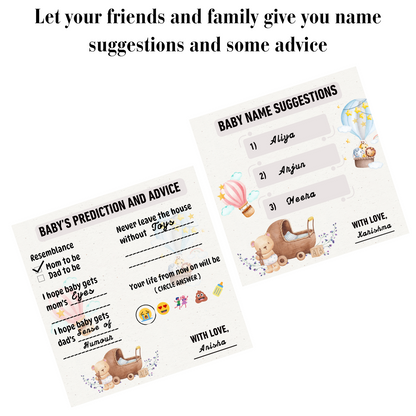 Baby Name Suggestion and Baby Advice And Prediction Cards, Teddy Bear Para Theme