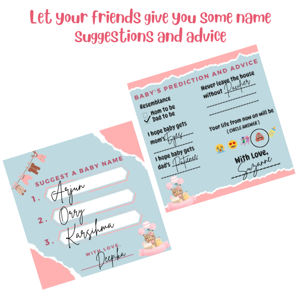 Baby Name Suggestions and Baby Advice And Prediction Cards, Blue and Pink Theme