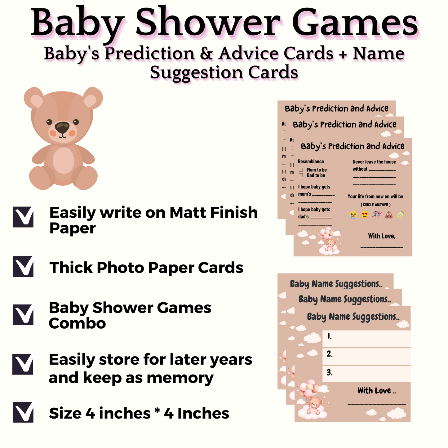 Baby Name Suggestion and Baby Advice And Prediction Cards, Teddy Bear Theme