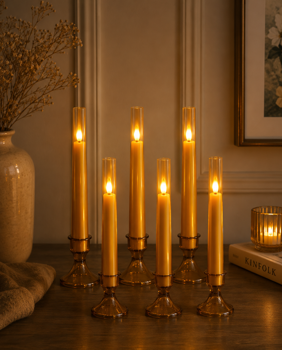 Flameless Gold Taper Candles with Remote & Timer – Battery LED Candles (Set of 6)
