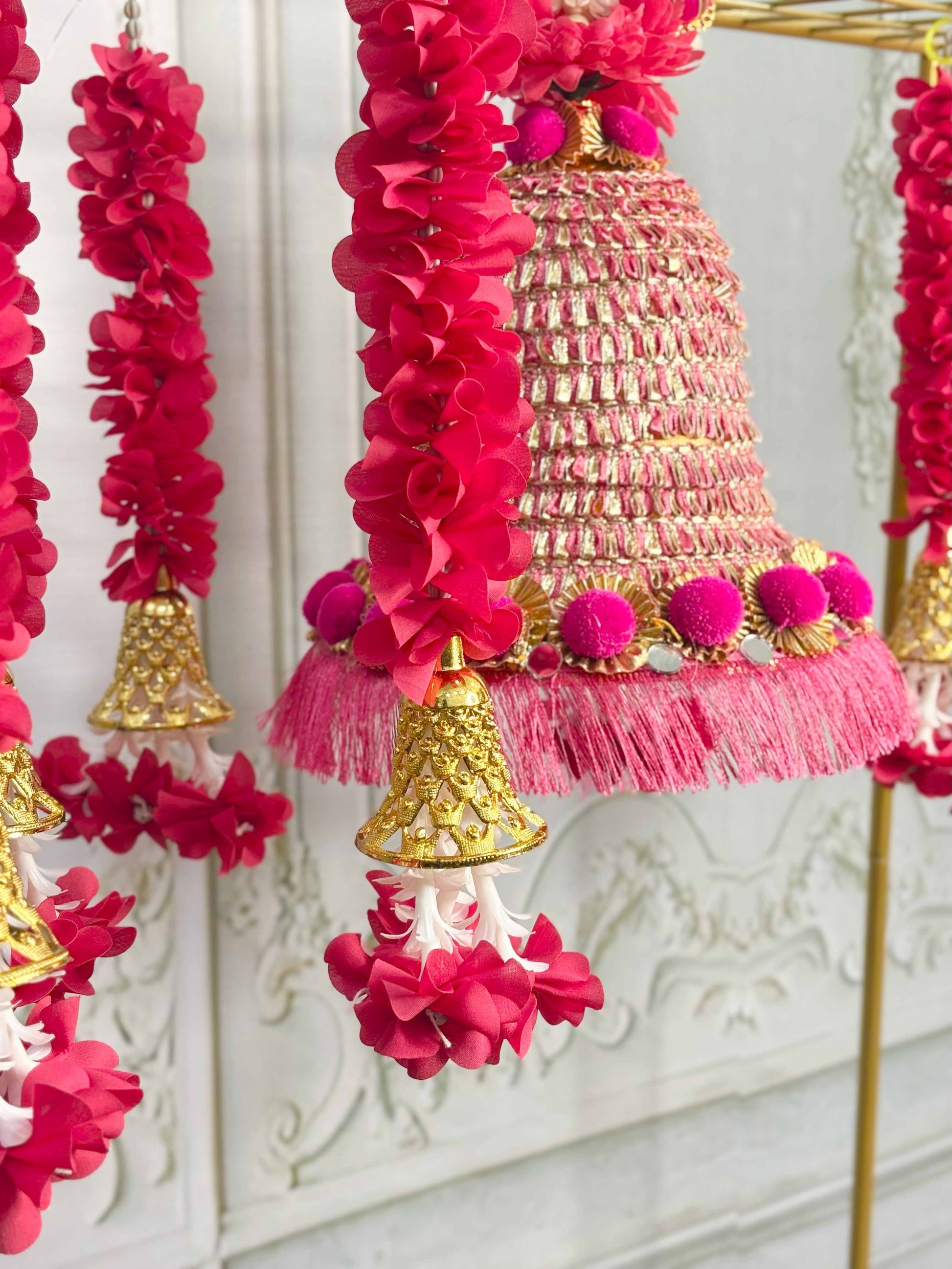 Pink Tassels and Bell Pooja Decor Set - The Decor Cycle