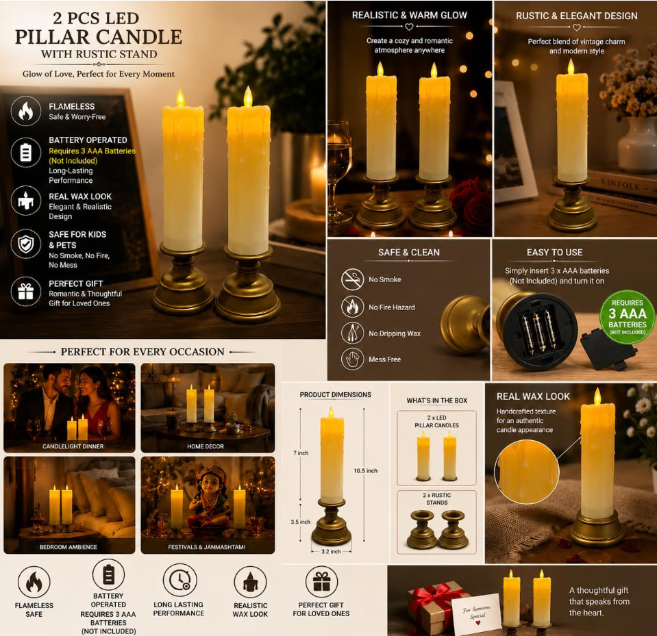 LED Pillar Candles with Rustic Stand