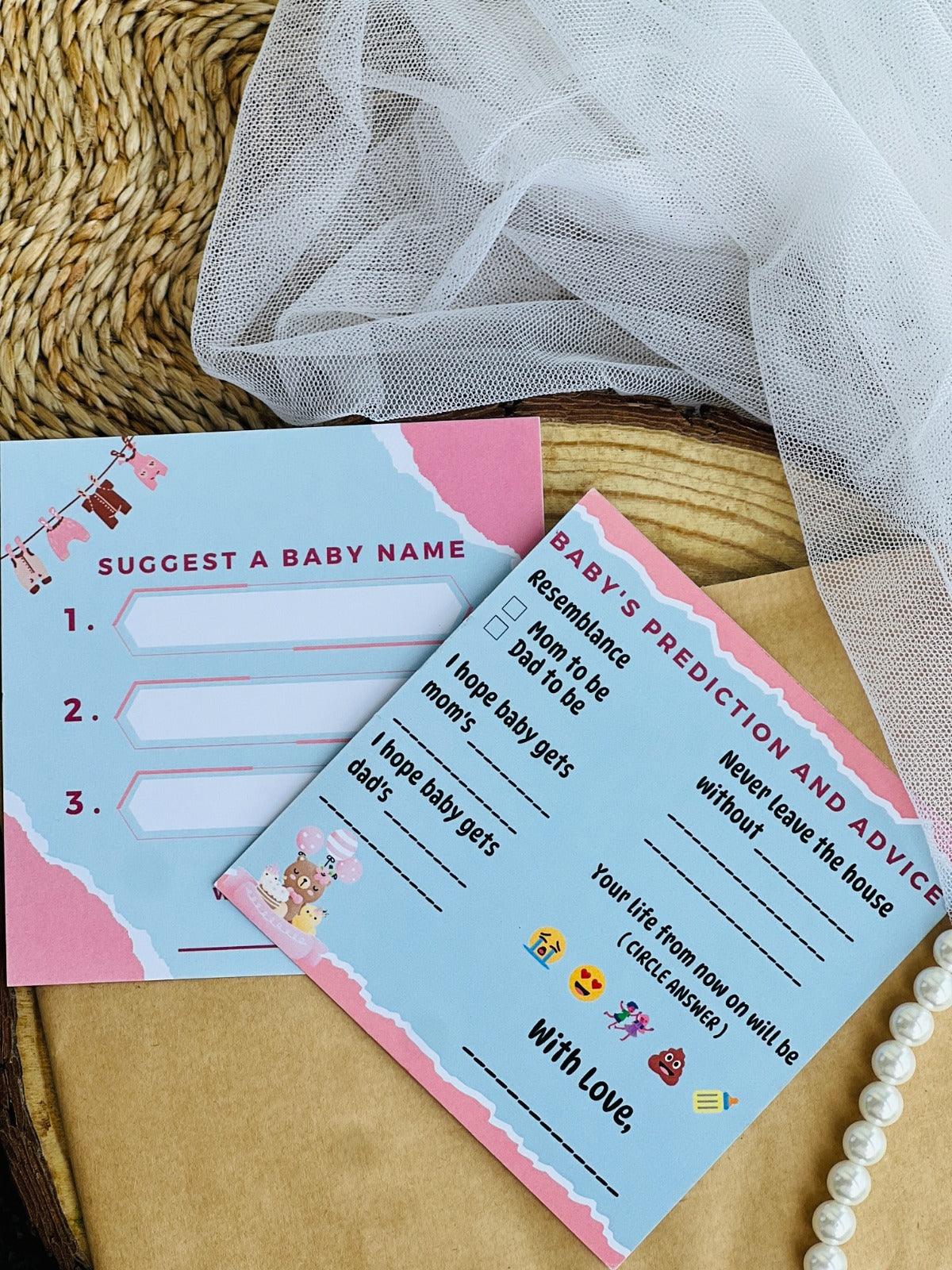 Baby Name Suggestions and Baby Advice And Prediction Cards, Blue and Pink Theme - The Decor Cycle