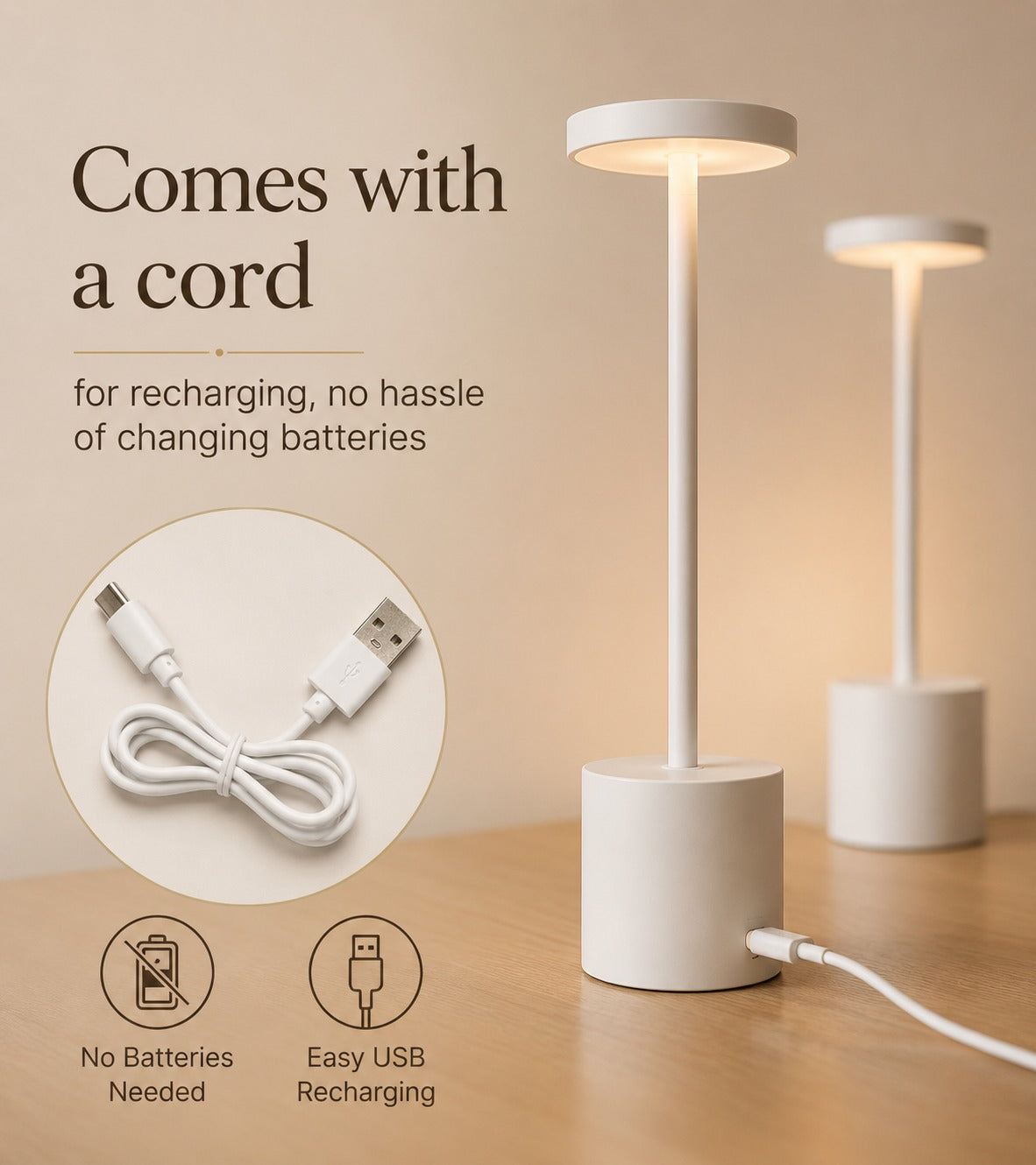 Cordless LED Table Lamp – Rechargeable Touch Lamp with Dimming & 3 Colour Modes (White)
