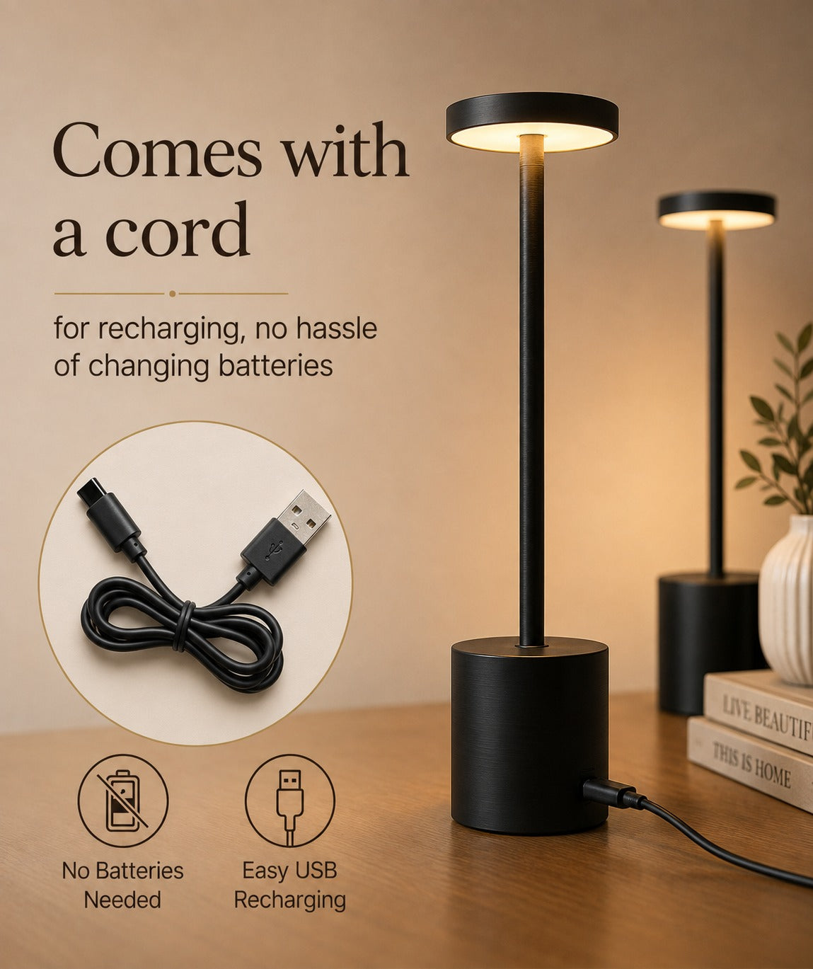 Cordless LED Table Lamp – Rechargeable Touch Lamp with Dimming & 3 Colour Modes (Pack of 1)