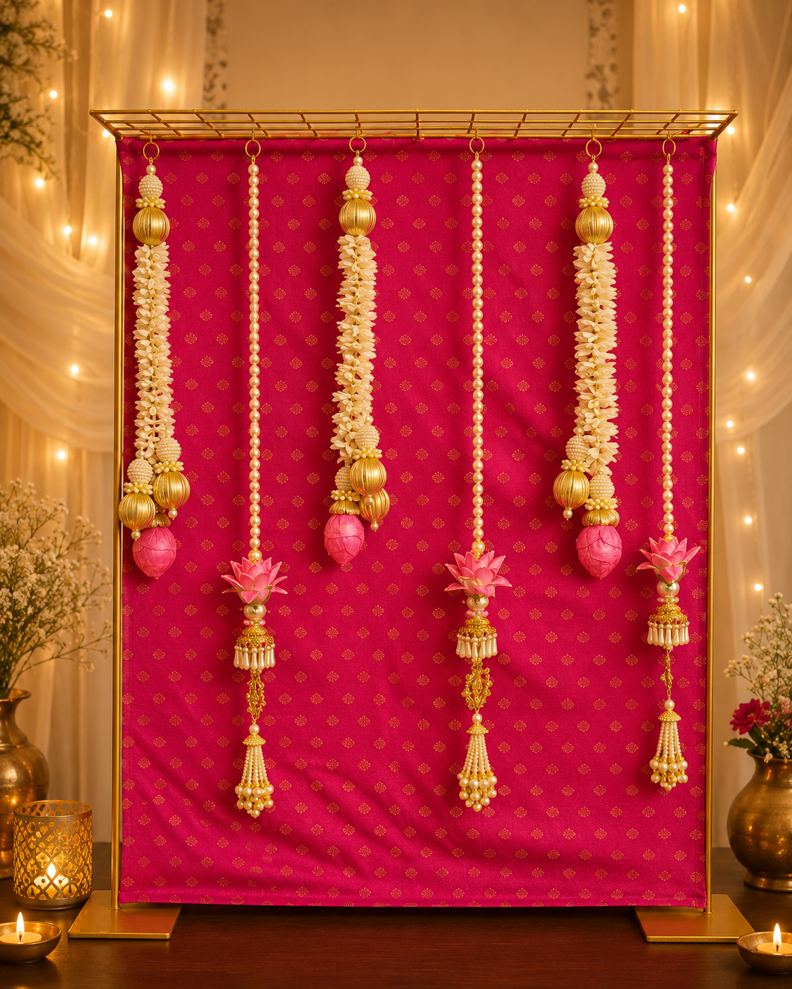 Pink Brocade Cloth With Pearl Tassels