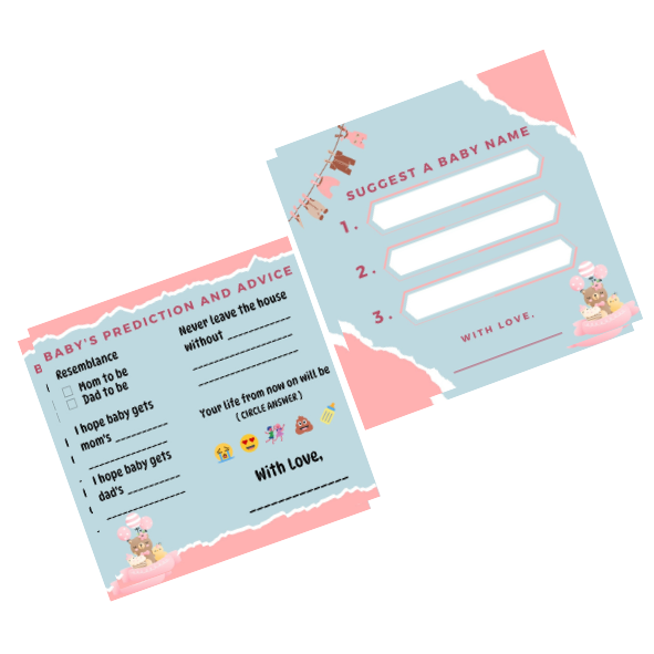 Baby Name Suggestions and Baby Advice And Prediction Cards, Blue and Pink Theme